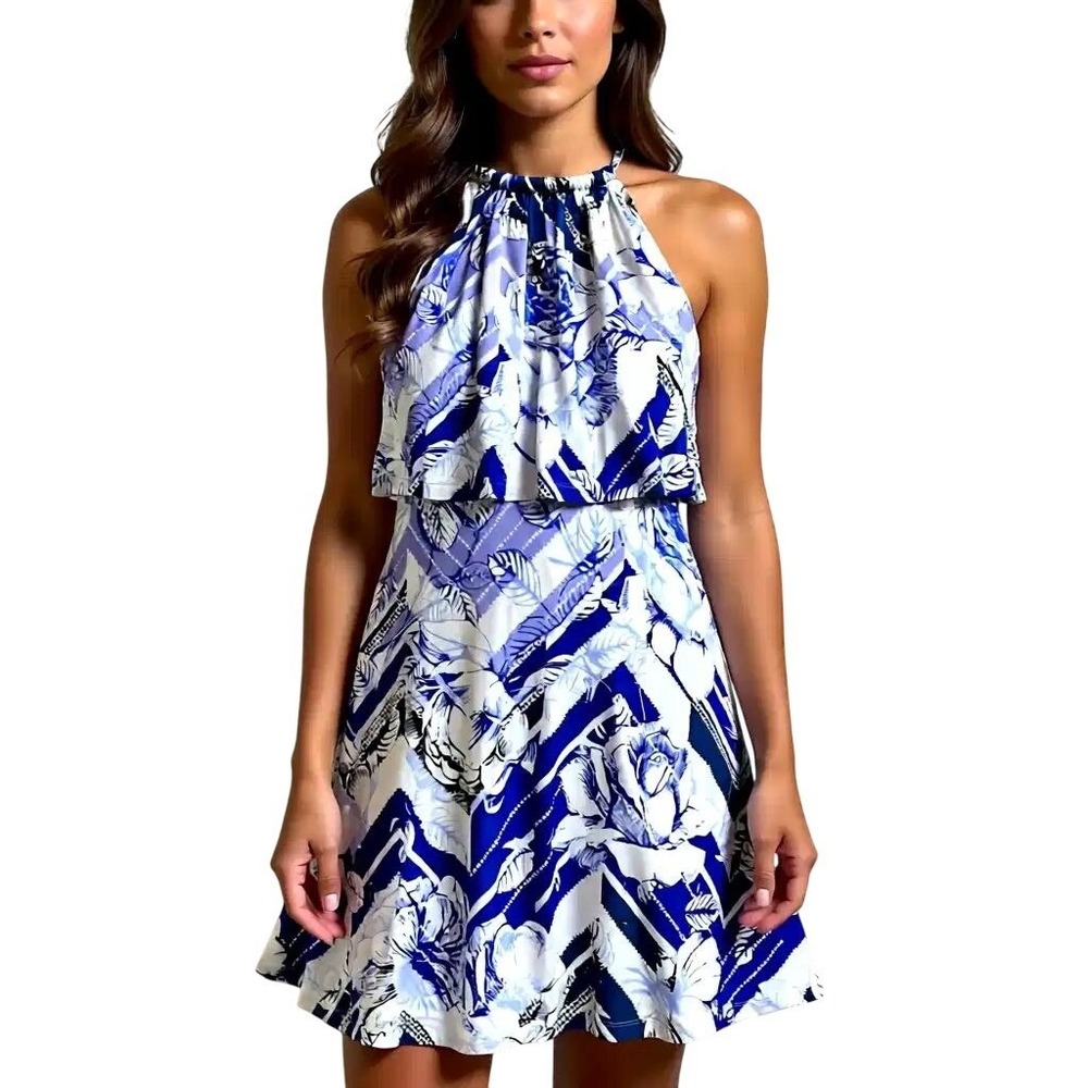 Jessica Simpson Floral Chevron Halter Mini Dress Sleeveless Metal Neck 4 NWT